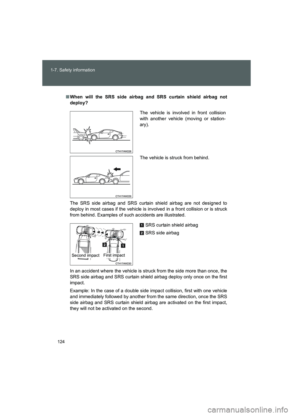 TOYOTA GT86 2016 Owners Manual (in English) 124 1-7. Safety information
FT86_EE
■When will the SRS side airbag and SRS curtain shield airbag not
deploy?
The SRS side airbag and SRS curtain shield airbag are not designed to
deploy in most case TOYOTA GT86 2016 Owners Manual (in English) 124 1-7. Safety information
FT86_EE
■When will the SRS side airbag and SRS curtain shield airbag not
deploy?
The SRS side airbag and SRS curtain shield airbag are not designed to
deploy in most case