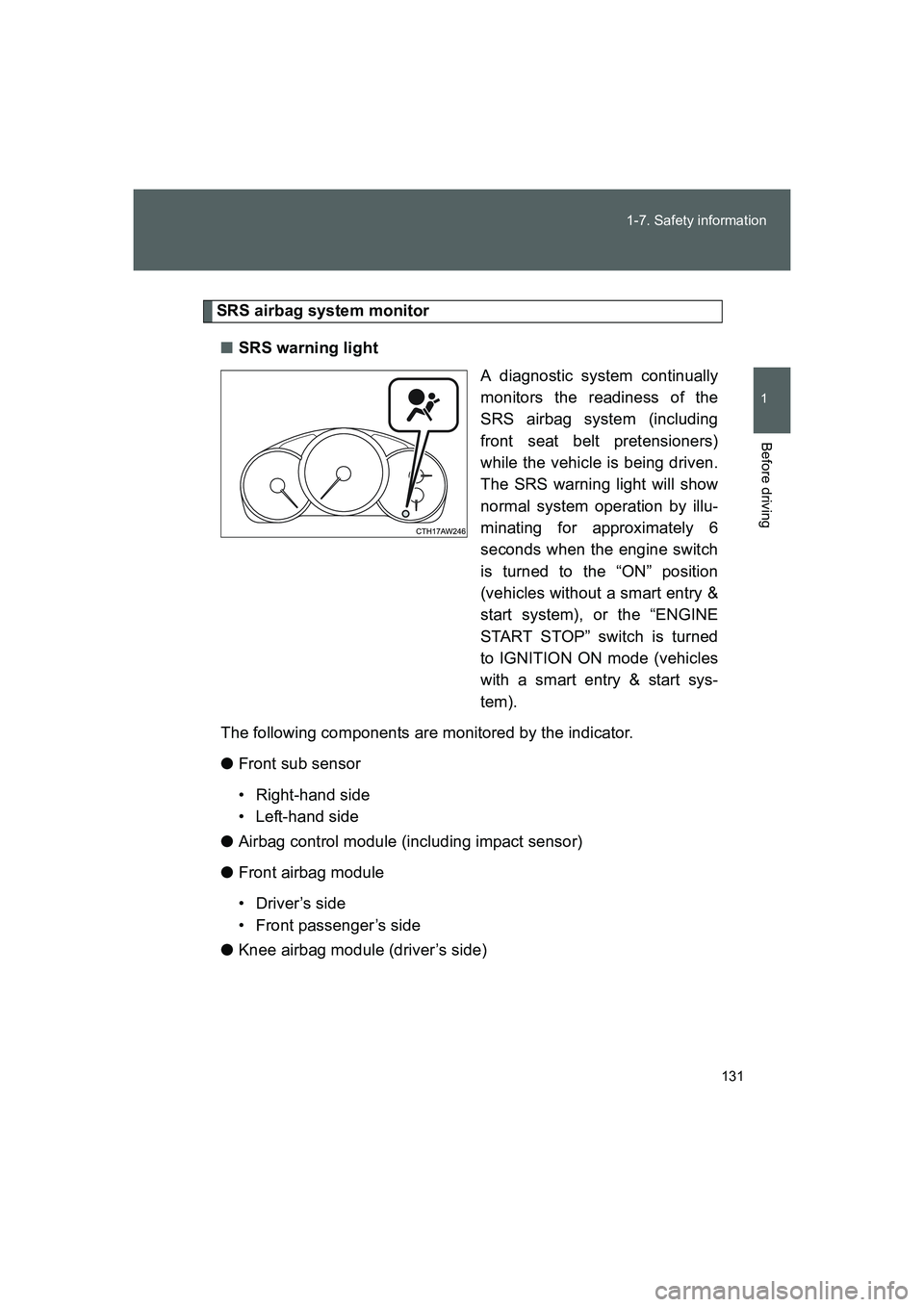 TOYOTA GT86 2016 Owners Manual (in English) 131 1-7. Safety information
1
Before driving
FT86_EE
SRS airbag system monitor
■SRS warning light
A diagnostic system continually
monitors the readiness of the
SRS airbag system (including
front sea TOYOTA GT86 2016 Owners Manual (in English) 131 1-7. Safety information
1
Before driving
FT86_EE
SRS airbag system monitor
■SRS warning light
A diagnostic system continually
monitors the readiness of the
SRS airbag system (including
front sea