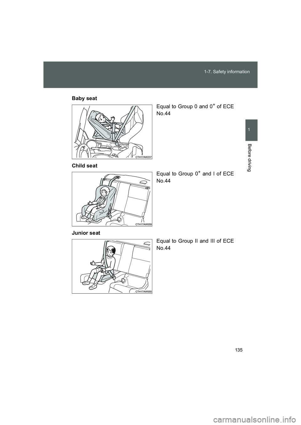TOYOTA GT86 2016 Owners Manual (in English) 135 1-7. Safety information
1
Before driving
FT86_EEBaby seat
Equal to Group 0 and 0
+ of ECE
No.44
Child seat
Equal to Group 0
+ and I of ECE
No.44
Junior seat
Equal to Group II and III of ECE
No.44
TOYOTA GT86 2016 Owners Manual (in English) 135 1-7. Safety information
1
Before driving
FT86_EEBaby seat
Equal to Group 0 and 0
+ of ECE
No.44
Child seat
Equal to Group 0
+ and I of ECE
No.44
Junior seat
Equal to Group II and III of ECE
No.44