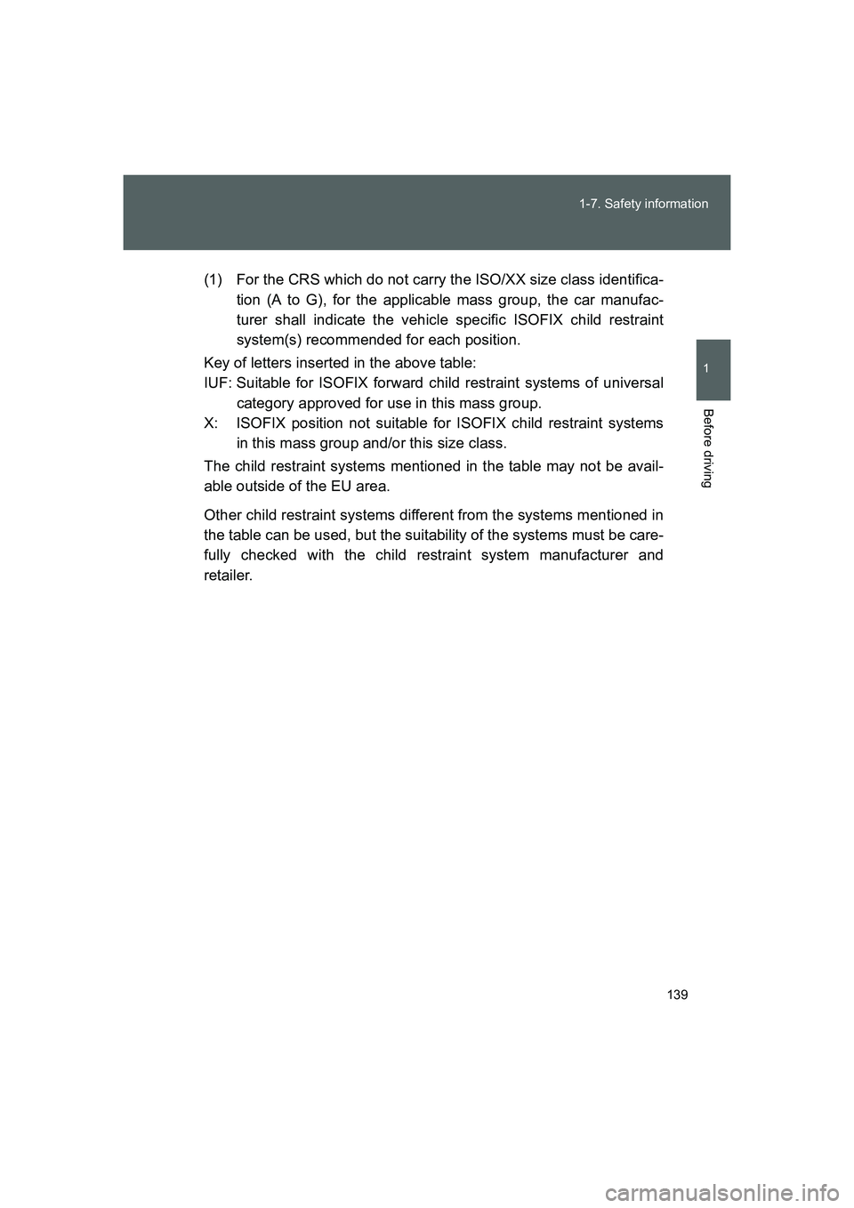 TOYOTA GT86 2016 Owners Manual (in English) 139 1-7. Safety information
1
Before driving
FT86_EE(1) For the CRS which do not carry the ISO/XX size class identifica-
tion (A to G), for the applicable mass group, the car manufac-
turer shall indi TOYOTA GT86 2016 Owners Manual (in English) 139 1-7. Safety information
1
Before driving
FT86_EE(1) For the CRS which do not carry the ISO/XX size class identifica-
tion (A to G), for the applicable mass group, the car manufac-
turer shall indi