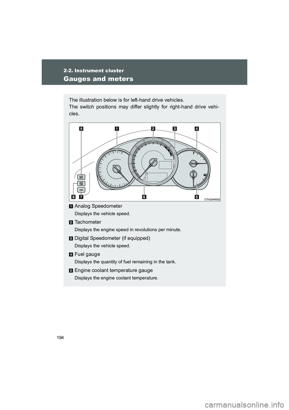 TOYOTA GT86 2016  Owners Manual (in English) 194
FT86_EE
2-2. Instrument cluster
Gauges and meters
The illustration below is for left-hand drive vehicles. 
The switch positions may differ slightly for right-hand drive vehi-
cles.
Analog Speedome