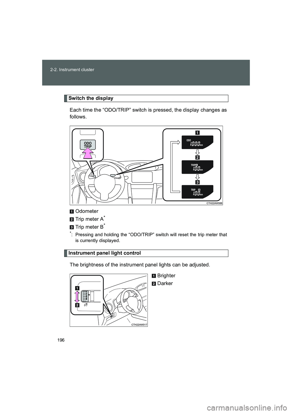 TOYOTA GT86 2016  Owners Manual (in English) 196 2-2. Instrument cluster
FT86_EE
Switch the display
Each time the “ODO/TRIP” switch is pressed, the display changes as
follows.
Odometer
Trip meter A
*
Trip meter B*
*: Pressing and holding the