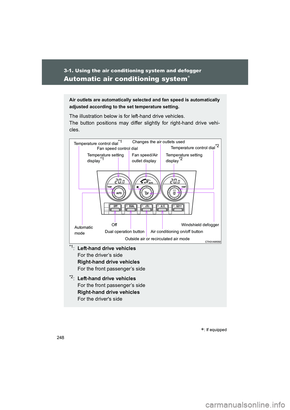 TOYOTA GT86 2016 Owners Manual (in English) 248
3-1. Using the air conditioning system and defogger
FT86_EE
Automatic air conditioning system∗
Air outlets are automatically selected and fan speed is automatically
adjusted according to the set TOYOTA GT86 2016 Owners Manual (in English) 248
3-1. Using the air conditioning system and defogger
FT86_EE
Automatic air conditioning system∗
Air outlets are automatically selected and fan speed is automatically
adjusted according to the set