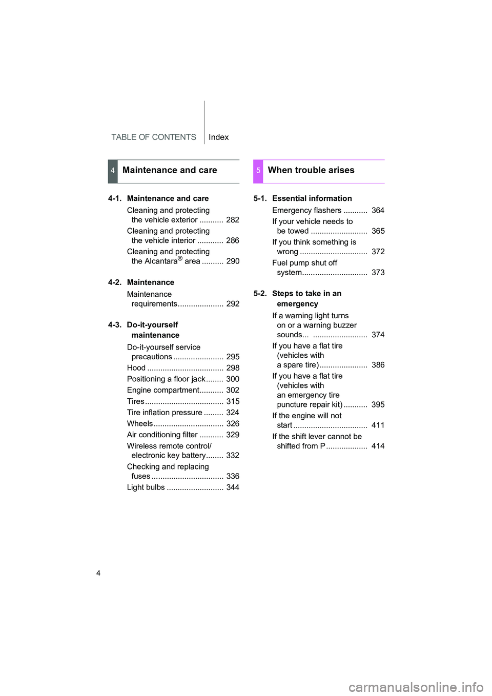 TOYOTA GT86 2016 Owners Manual (in English) TABLE OF CONTENTSIndex
FT86_EE
4
4-1. Maintenance and care
Cleaning and protecting
the vehicle exterior ........... 282
Cleaning and protecting
the vehicle interior ............ 286
Cleaning and p TOYOTA GT86 2016 Owners Manual (in English) TABLE OF CONTENTSIndex
FT86_EE
4
4-1. Maintenance and care
Cleaning and protecting
the vehicle exterior ........... 282
Cleaning and protecting
the vehicle interior ............ 286
Cleaning and p