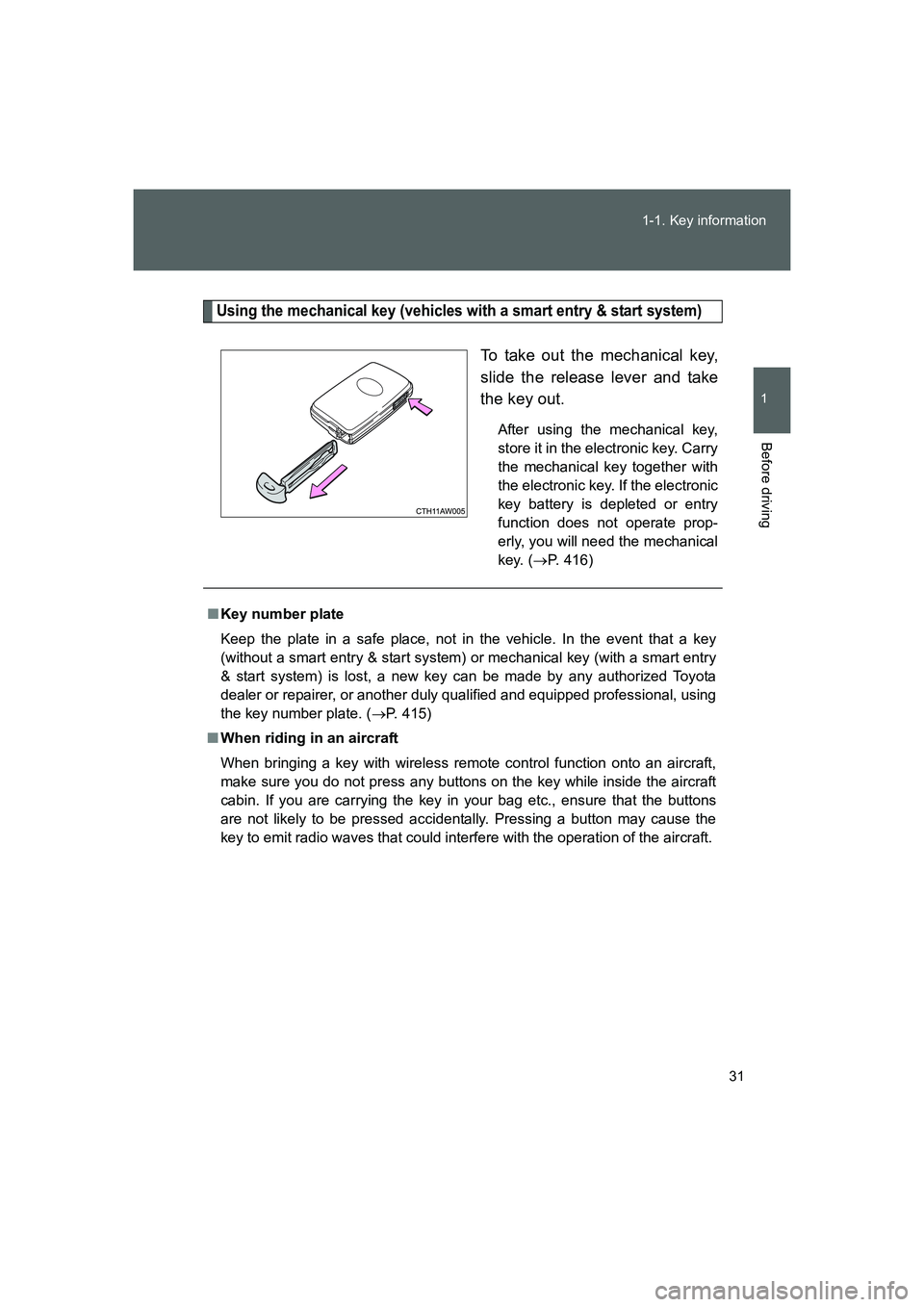 TOYOTA GT86 2016 (in English) Owners Guide 31 1-1. Key information
1
Before driving
FT86_EE
Using the mechanical key (vehicles with a smart entry & start system)
To take out the mechanical key,
slide the release lever and take
the key out.
Aft TOYOTA GT86 2016 (in English) Owners Guide 31 1-1. Key information
1
Before driving
FT86_EE
Using the mechanical key (vehicles with a smart entry & start system)
To take out the mechanical key,
slide the release lever and take
the key out.
Aft