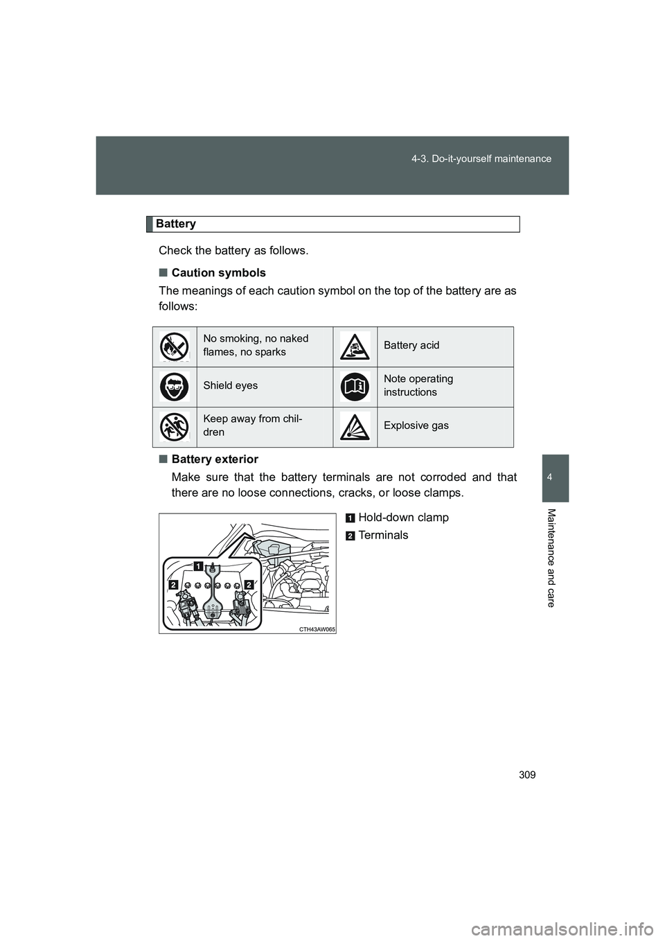 TOYOTA GT86 2016 Owners Manual (in English) 309 4-3. Do-it-yourself maintenance
4
Maintenance and care
FT86_EE
Battery
Check the battery as follows.
■Caution symbols
The meanings of each caution symbol on the top of the battery are as
follows TOYOTA GT86 2016 Owners Manual (in English) 309 4-3. Do-it-yourself maintenance
4
Maintenance and care
FT86_EE
Battery
Check the battery as follows.
■Caution symbols
The meanings of each caution symbol on the top of the battery are as
follows