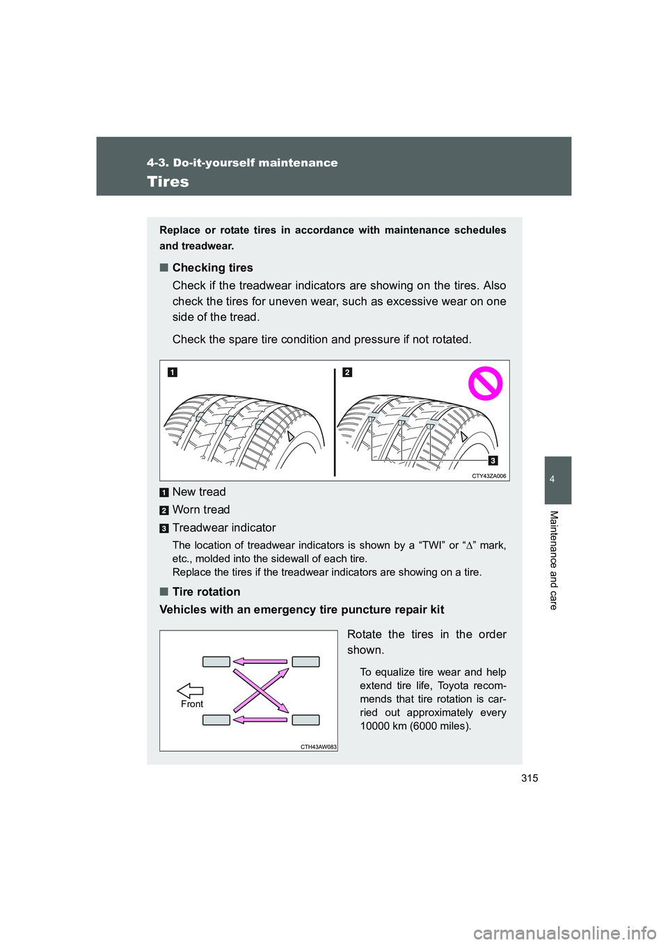 TOYOTA GT86 2016 Owners Manual (in English) 315
4-3. Do-it-yourself maintenance
4
Maintenance and care
FT86_EE
Tires
Replace or rotate tires in accordance with maintenance schedules
and treadwear.
■Checking tires
Check if the treadwear indica TOYOTA GT86 2016 Owners Manual (in English) 315
4-3. Do-it-yourself maintenance
4
Maintenance and care
FT86_EE
Tires
Replace or rotate tires in accordance with maintenance schedules
and treadwear.
■Checking tires
Check if the treadwear indica