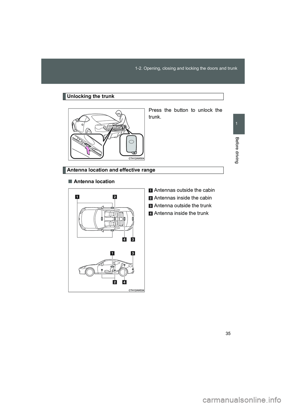 TOYOTA GT86 2016 (in English) Owners Guide 35 1-2. Opening, closing and locking the doors and trunk
1
Before driving
FT86_EE
Unlocking the trunk
Press the button to unlock the
trunk.
Antenna location and effective range
■Antenna location
Ant TOYOTA GT86 2016 (in English) Owners Guide 35 1-2. Opening, closing and locking the doors and trunk
1
Before driving
FT86_EE
Unlocking the trunk
Press the button to unlock the
trunk.
Antenna location and effective range
■Antenna location
Ant