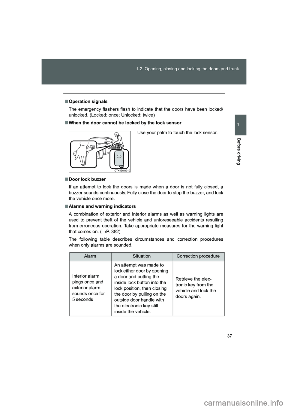 TOYOTA GT86 2016 (in English) Owners Guide 37 1-2. Opening, closing and locking the doors and trunk
1
Before driving
FT86_EE
■Operation signals
The emergency flashers flash to indicate that the doors have been locked/
unlocked. (Locked: once TOYOTA GT86 2016 (in English) Owners Guide 37 1-2. Opening, closing and locking the doors and trunk
1
Before driving
FT86_EE
■Operation signals
The emergency flashers flash to indicate that the doors have been locked/
unlocked. (Locked: once