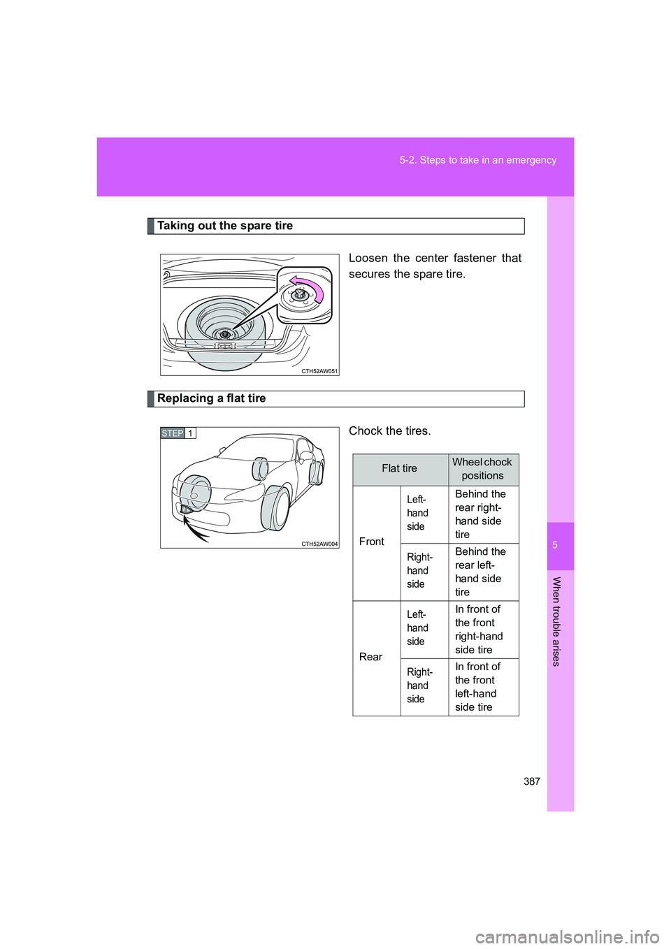 TOYOTA GT86 2016 Owners Manual (in English) 5
387 5-2. Steps to take in an emergency
When trouble arises
FT86_EE
Taking out the spare tire
Loosen the center fastener that
secures the spare tire.
Replacing a flat tire
Chock the tires.
STEP 1
Fl TOYOTA GT86 2016 Owners Manual (in English) 5
387 5-2. Steps to take in an emergency
When trouble arises
FT86_EE
Taking out the spare tire
Loosen the center fastener that
secures the spare tire.
Replacing a flat tire
Chock the tires.
STEP 1
Fl