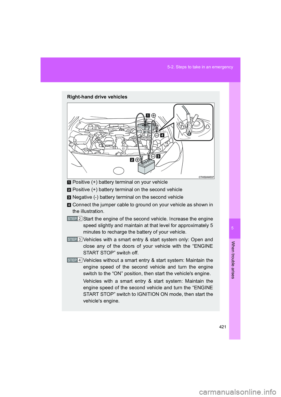 TOYOTA GT86 2016 Owners Manual (in English) 5
421 5-2. Steps to take in an emergency
When trouble arises
FT86_EE
Right-hand drive vehicles
Positive (+) battery terminal on your vehicle
Positive (+) battery terminal on the second vehicle
Negativ TOYOTA GT86 2016 Owners Manual (in English) 5
421 5-2. Steps to take in an emergency
When trouble arises
FT86_EE
Right-hand drive vehicles
Positive (+) battery terminal on your vehicle
Positive (+) battery terminal on the second vehicle
Negativ