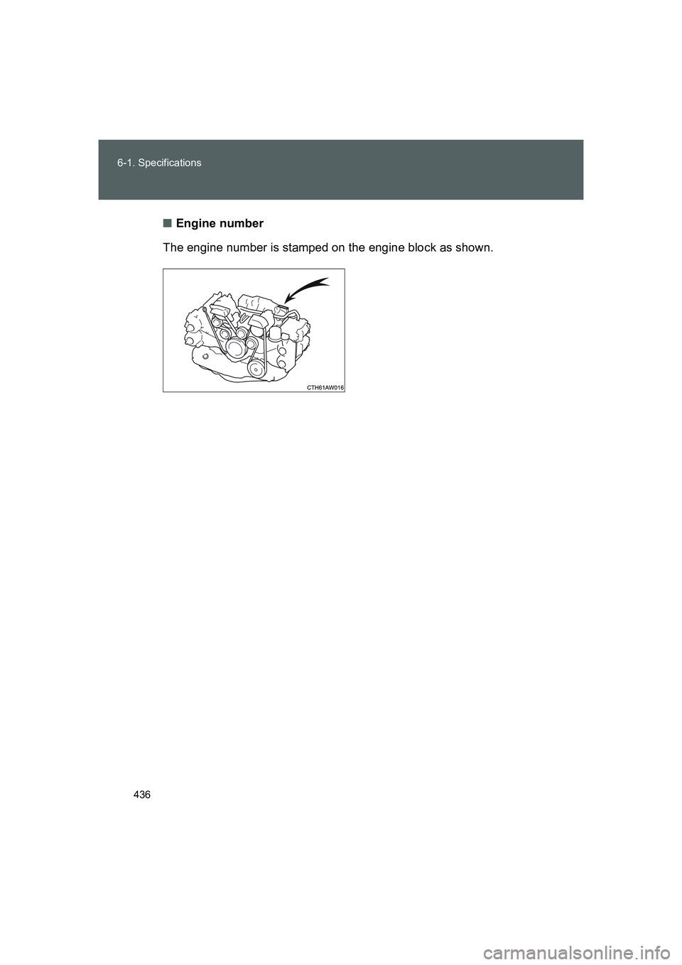 TOYOTA GT86 2016  Owners Manual (in English) 436 6-1. Specifications
FT86_EE■Engine number
The engine number is stamped on the engine block as shown.
86_OM_EE_OM18058E.book  436 ページ  ２０１５年３月１７日　火曜日　午前１