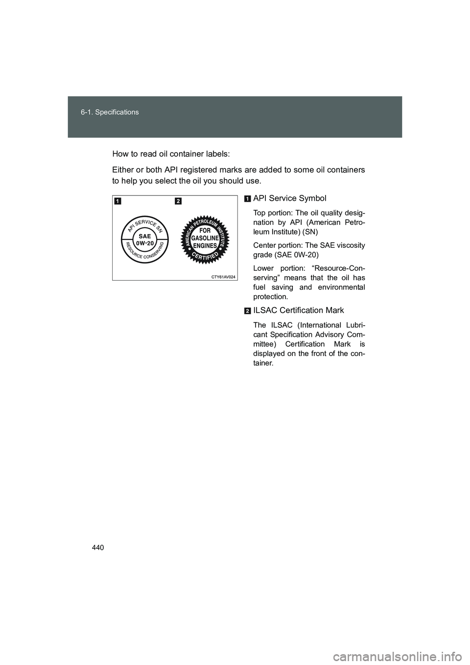 TOYOTA GT86 2016  Owners Manual (in English) 440 6-1. Specifications
FT86_EEHow to read oil container labels:
Either or both API registered marks are added to some oil containers
to help you select the oil you should use.
API Service Symbol
Top 