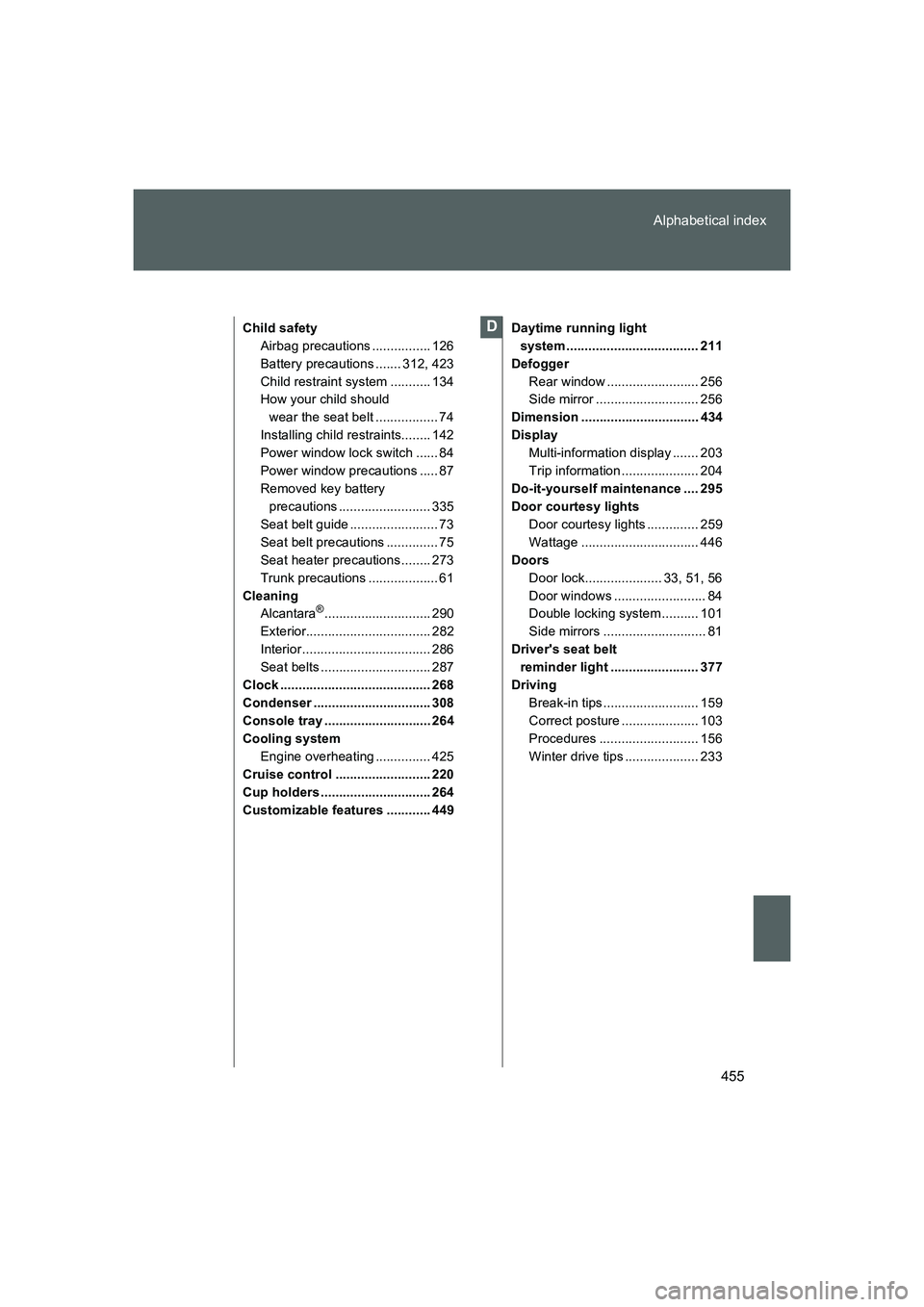 TOYOTA GT86 2016 Owners Manual (in English) 455 Alphabetical index
FT86_EE
Child safety
Airbag precautions ................ 126
Battery precautions ....... 312, 423
Child restraint system ........... 134
How your child should
wear the seat bel TOYOTA GT86 2016 Owners Manual (in English) 455 Alphabetical index
FT86_EE
Child safety
Airbag precautions ................ 126
Battery precautions ....... 312, 423
Child restraint system ........... 134
How your child should
wear the seat bel