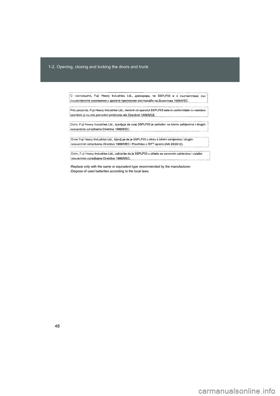 TOYOTA GT86 2016 (in English) Service Manual 48 1-2. Opening, closing and locking the doors and trunk
FT86_EE
-Replace only with the same or equivalent type recommended by the manufacturer.
-Dispose of used batterites according to the local laws TOYOTA GT86 2016 (in English) Service Manual 48 1-2. Opening, closing and locking the doors and trunk
FT86_EE
-Replace only with the same or equivalent type recommended by the manufacturer.
-Dispose of used batterites according to the local laws