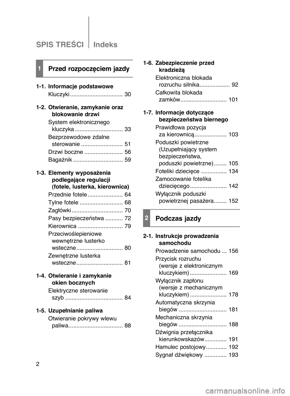 TOYOTA GT86 2016  Instrukcja obsługi (in Polish) SPIS TREÂCI    Indeks
Przed rozpocz´ciem jazdy
1-1. Informacje podstawowe
Kluczyki ................................. 30
1-2. Otwieranie, zamykanie oraz 
blokowanie drzwi
System elektronicznego 
kluc