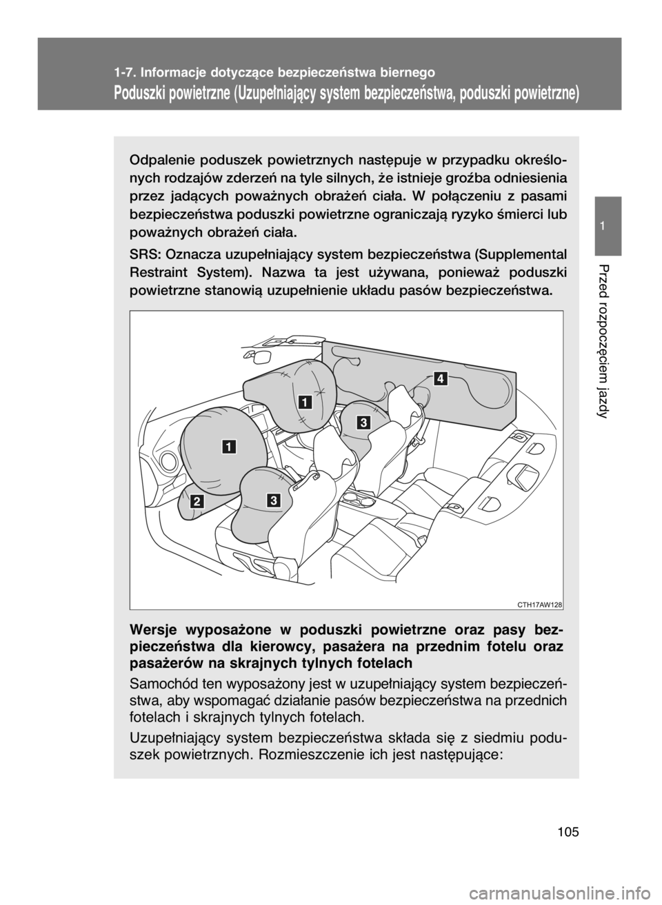 TOYOTA GT86 2016  Instrukcja obsługi (in Polish) Odpalenie  poduszek  powietrznych  nast´puje  w przypadku  okreÊlo-
nych rodzajów zderzeƒ na tyle silnych, ˝e istnieje groêba odniesienia
przez  jadàcych  powa˝nych  obra˝eƒ  cia∏a.  W po