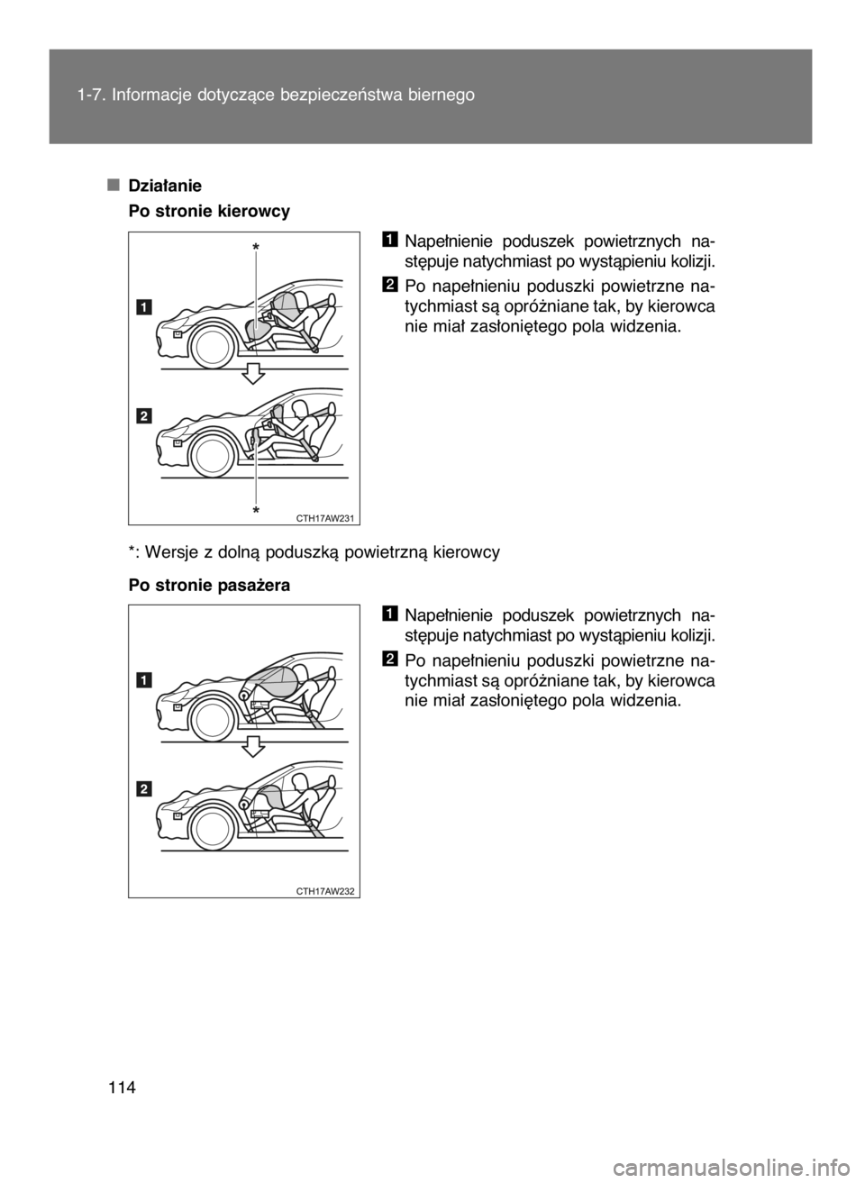 TOYOTA GT86 2016 Instrukcja obsługi (in Polish) Dzia∏anie
Po stronie kierowcy
Nape∏nienie poduszek powietrznych na-
st´puje natychmiast po wystàpieniu kolizji.
Po nape∏nieniu poduszki powietrzne na-
tychmiast sà opró˝niane tak, by TOYOTA GT86 2016 Instrukcja obsługi (in Polish) Dzia∏anie
Po stronie kierowcy
Nape∏nienie poduszek powietrznych na-
st´puje natychmiast po wystàpieniu kolizji.
Po nape∏nieniu poduszki powietrzne na-
tychmiast sà opró˝niane tak, by