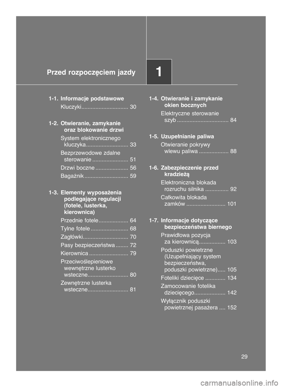 TOYOTA GT86 2016  Instrukcja obsługi (in Polish) Przed rozpocz´ciem jazdy1
1-1. Informacje podstawowe
Kluczyki.............................. 30
1-2. Otwieranie, zamykanie 
oraz blokowanie drzwi
System elektronicznego 
kluczyka .....................