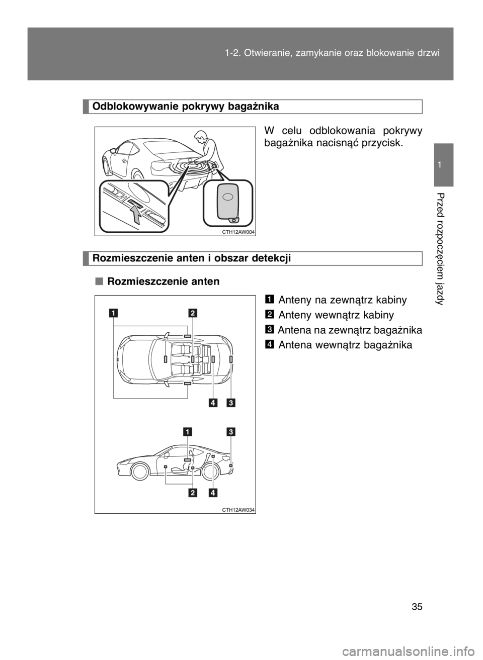 TOYOTA GT86 2016  Instrukcja obsługi (in Polish) W celu  odblokowania  pokrywy
baga˝nika nacisnàç przycisk.
Rozmieszczenie anten
Anteny na zewnàtrz kabiny
Anteny wewnàtrz kabiny
Antena na zewnàtrz baga˝nika
Antena wewnàtrz baga˝nika
4
3
2
1