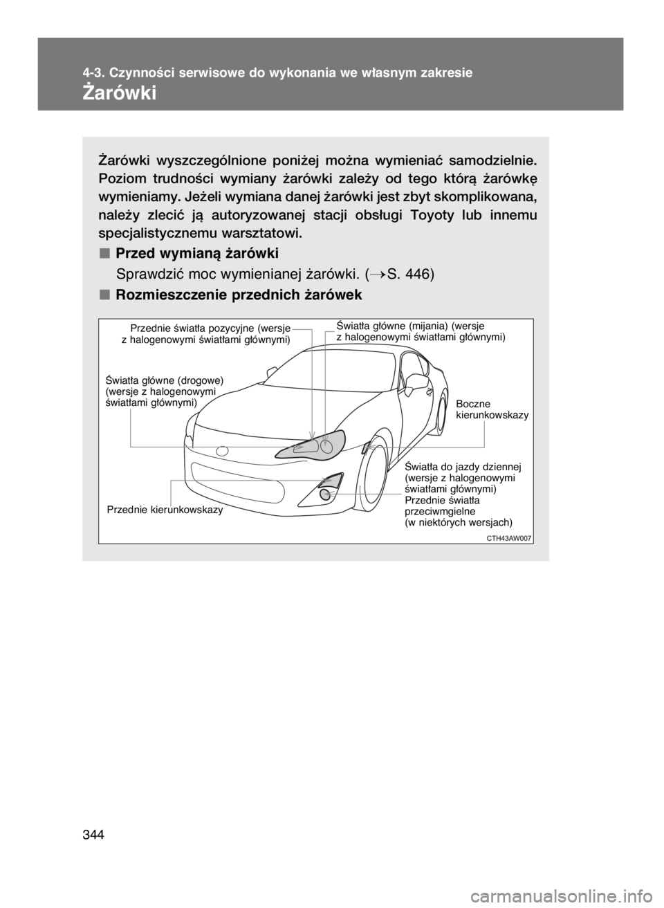 TOYOTA GT86 2016  Instrukcja obsługi (in Polish) ˚arówki  wyszczególnione  poni˝ej  mo˝na  wymieniaç  samodzielnie.
Poziom  trudnoÊci  wymiany  ˝arówki  zale˝y  od  tego  którà  ˝arówk´
wymieniamy. Je˝eli wymiana danej ˝arówki jest