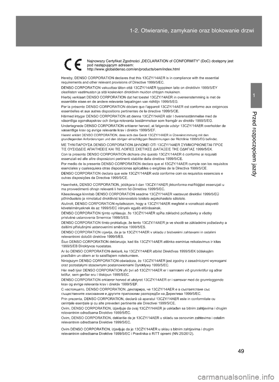 TOYOTA GT86 2016  Instrukcja obsługi (in Polish) 1-2. Otwieranie, zamykanie oraz blokowanie drzwi
49
1
Przed rozpocz´ciem jazdy
Najnowszy Certyfikat ZgodnoÊci „DECLARATION of CONFORMITY” (DoC) dost´pny jest
pod nast´pujàcym adresem:
http://