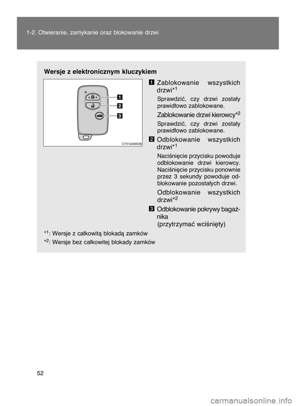 TOYOTA GT86 2016  Instrukcja obsługi (in Polish) Wersje z elektronicznym kluczykiem
Zablokowanie  wszystkich
drzwi*
1
Sprawdziç,  czy  drzwi  zosta∏y
prawid∏owo zablokowane.
Zablokowanie drzwi kierowcy*2
Sprawdziç,  czy  drzwi  zosta∏y
prawi