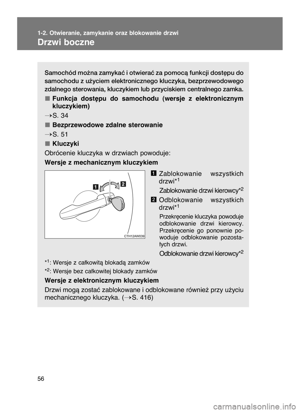 TOYOTA GT86 2016  Instrukcja obsługi (in Polish) Samochód mo˝na zamykaç i otwieraç za pomocà funkcji dost´pu do
samochodu z u˝yciem elektronicznego kluczyka, bezprzewodowego
zdalnego sterowania, kluczykiem lub przyciskiem centralnego zamka.
F