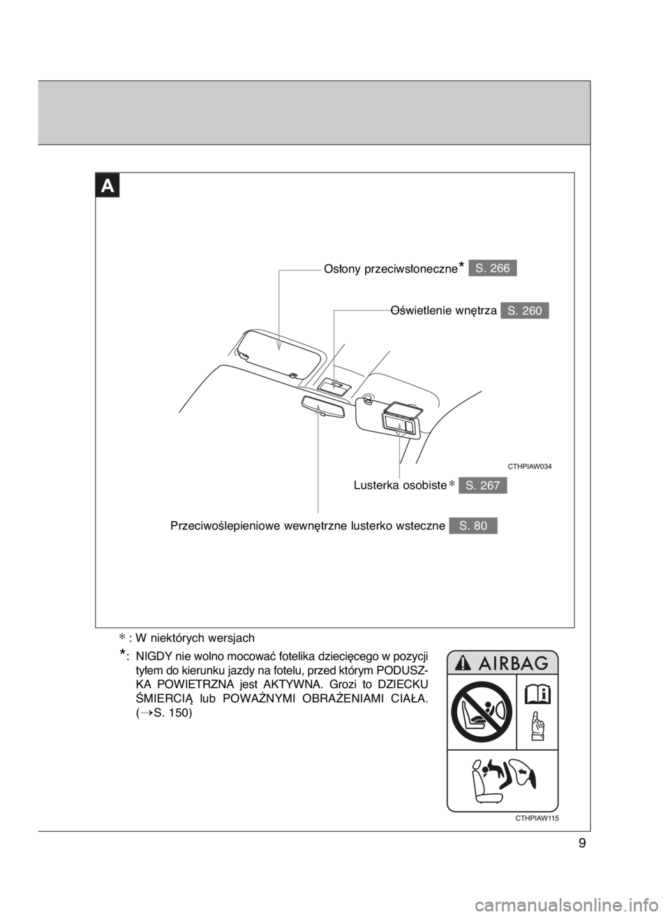 TOYOTA GT86 2016  Instrukcja obsługi (in Polish) 9
S. 267 Lusterka osobiste✻
S. 266
Os∏ony przeciws∏oneczne*
S. 80 PrzeciwoÊlepieniowe wewn´trzne lusterko wsteczne
✻: W niektórych wersjach
*: NIGDY nie wolno mocowaç fotelika dzieci´cego