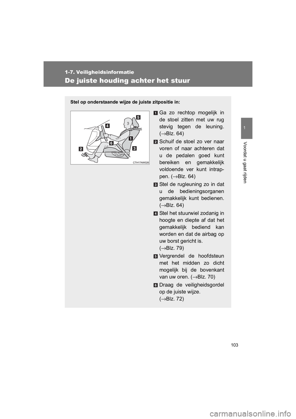 TOYOTA GT86 2016 Instructieboekje (in Dutch) 103
1
Voordat u gaat rijden
FT86_EE
1-7. Veiligheidsinformatie
De juiste houding achter het stuur
Stel op onderstaande wijze de juiste zitpositie in:
Ga zo rechtop mogelijk in
de stoel zitten met uw r TOYOTA GT86 2016 Instructieboekje (in Dutch) 103
1
Voordat u gaat rijden
FT86_EE
1-7. Veiligheidsinformatie
De juiste houding achter het stuur
Stel op onderstaande wijze de juiste zitpositie in:
Ga zo rechtop mogelijk in
de stoel zitten met uw r