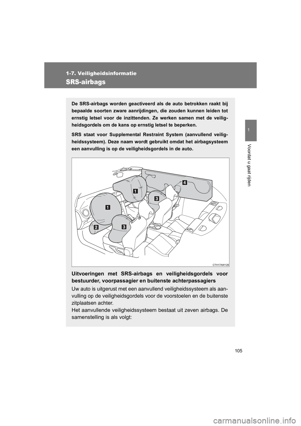 TOYOTA GT86 2016 Instructieboekje (in Dutch) 105
1
1-7. Veiligheidsinformatie
Voordat u gaat rijden
FT86_EE
SRS-airbags
De SRS-airbags worden geactiveerd als de auto betrokken raakt bij
bepaalde soorten zware aanrijdingen, die zouden kunnen leid TOYOTA GT86 2016 Instructieboekje (in Dutch) 105
1
1-7. Veiligheidsinformatie
Voordat u gaat rijden
FT86_EE
SRS-airbags
De SRS-airbags worden geactiveerd als de auto betrokken raakt bij
bepaalde soorten zware aanrijdingen, die zouden kunnen leid