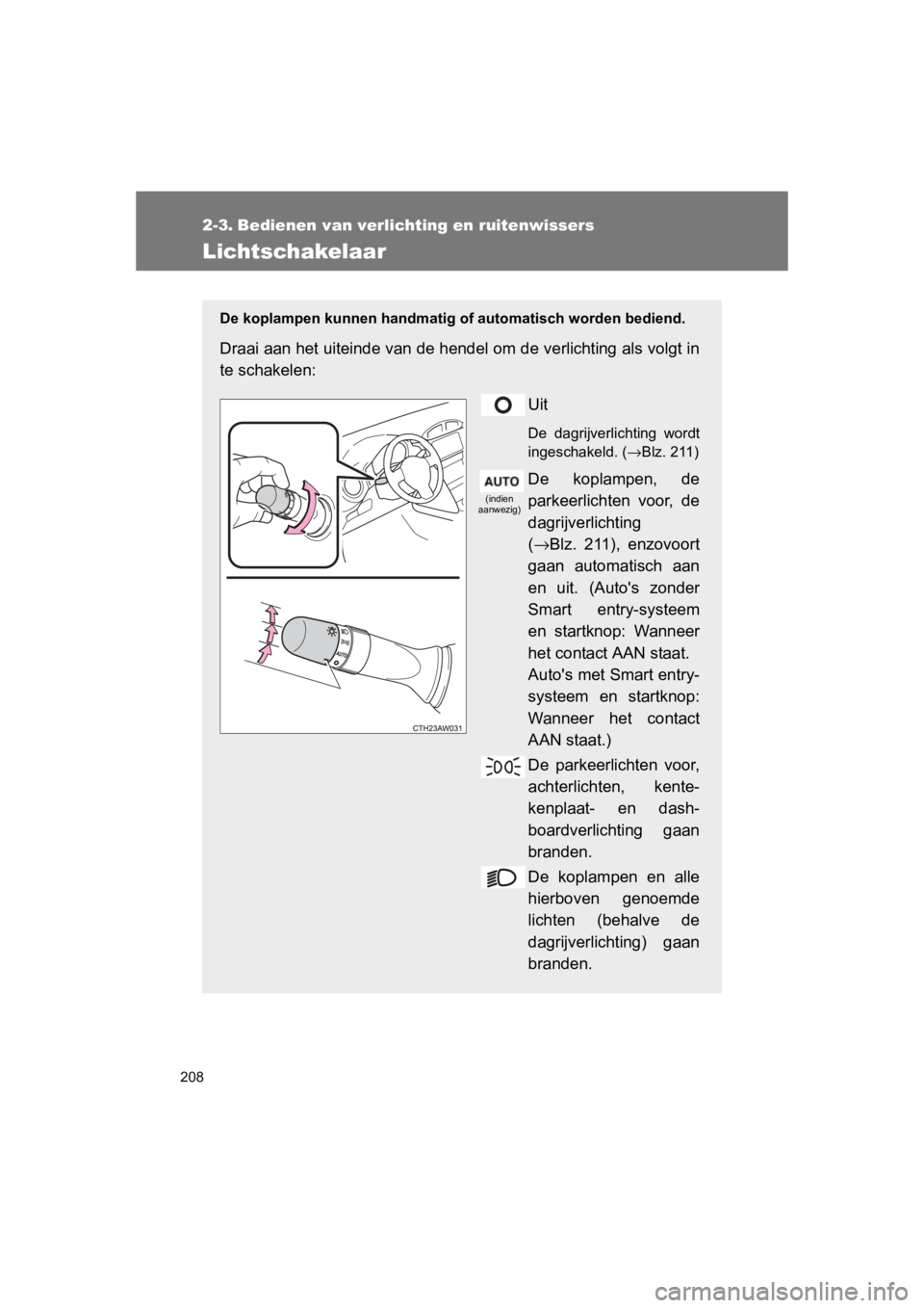 TOYOTA GT86 2016 Instructieboekje (in Dutch) 208
FT86_EE
2-3. Bedienen van verlichting en ruitenwissers
Lichtschakelaar
De koplampen kunnen handmatig of automatisch worden bediend.
Draai aan het uiteinde van de hendel om de verlichting als volgt TOYOTA GT86 2016 Instructieboekje (in Dutch) 208
FT86_EE
2-3. Bedienen van verlichting en ruitenwissers
Lichtschakelaar
De koplampen kunnen handmatig of automatisch worden bediend.
Draai aan het uiteinde van de hendel om de verlichting als volgt