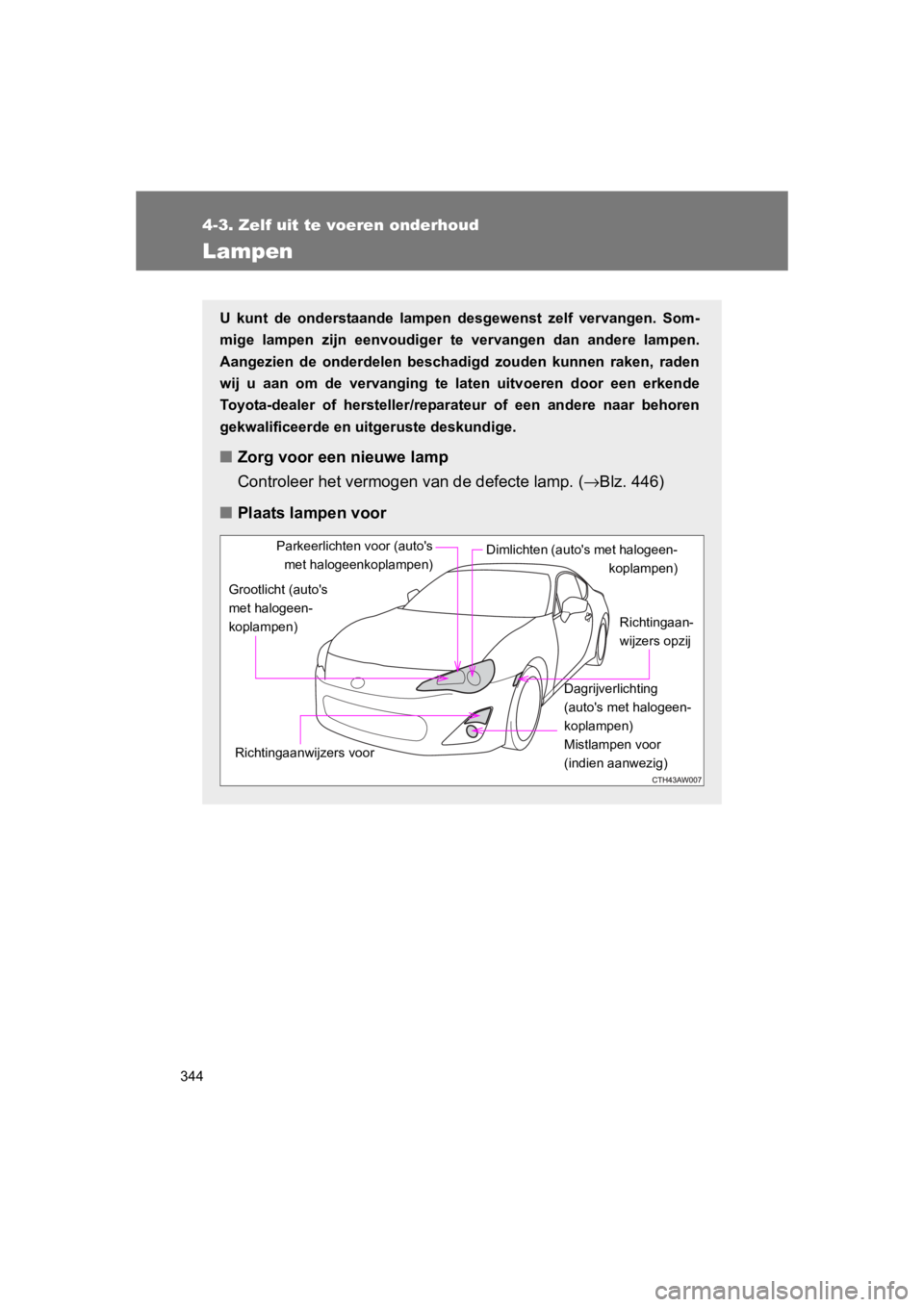 TOYOTA GT86 2016  Instructieboekje (in Dutch) 344
4-3. Zelf uit te voeren onderhoud
FT86_EE
Lampen
U kunt de onderstaande lampen desgewenst zelf vervangen. Som-
mige lampen zijn eenvoudiger te vervangen dan andere lampen.
Aangezien de onderdelen 