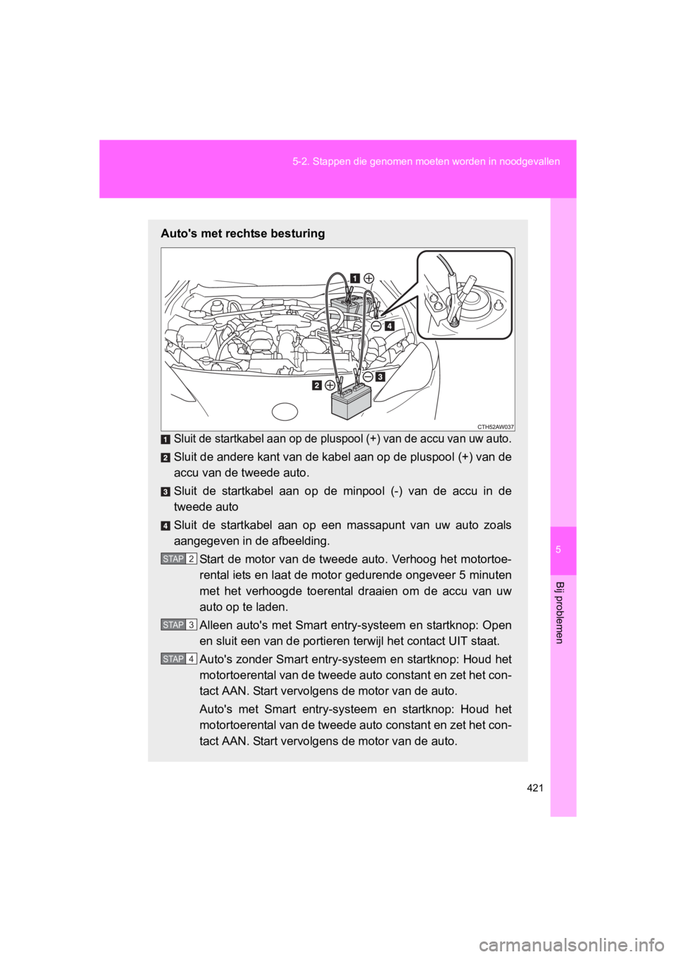 TOYOTA GT86 2016 Instructieboekje (in Dutch) 5
421
5-2. Stappen die genomen moeten worden in noodgevallen
Bij problemen
FT86_EE
Autos met rechtse besturing
Sluit de startkabel aan op de pluspool (+) van de accu van uw auto.
Sluit de andere kant TOYOTA GT86 2016 Instructieboekje (in Dutch) 5
421
5-2. Stappen die genomen moeten worden in noodgevallen
Bij problemen
FT86_EE
Autos met rechtse besturing
Sluit de startkabel aan op de pluspool (+) van de accu van uw auto.
Sluit de andere kant