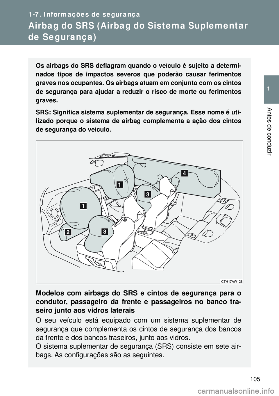 TOYOTA GT86 2016 Manual de utilização (in Portuguese) 105
1
1-7. Informações de segurança
Antes de conduzir
Airbag do SRS (Airbag do Sistema Suplementar
de Segurança)
Os airbags do SRS deflagram quando o veículo é sujeito a determi-
nados tipos de TOYOTA GT86 2016 Manual de utilização (in Portuguese) 105
1
1-7. Informações de segurança
Antes de conduzir
Airbag do SRS (Airbag do Sistema Suplementar
de Segurança)
Os airbags do SRS deflagram quando o veículo é sujeito a determi-
nados tipos de