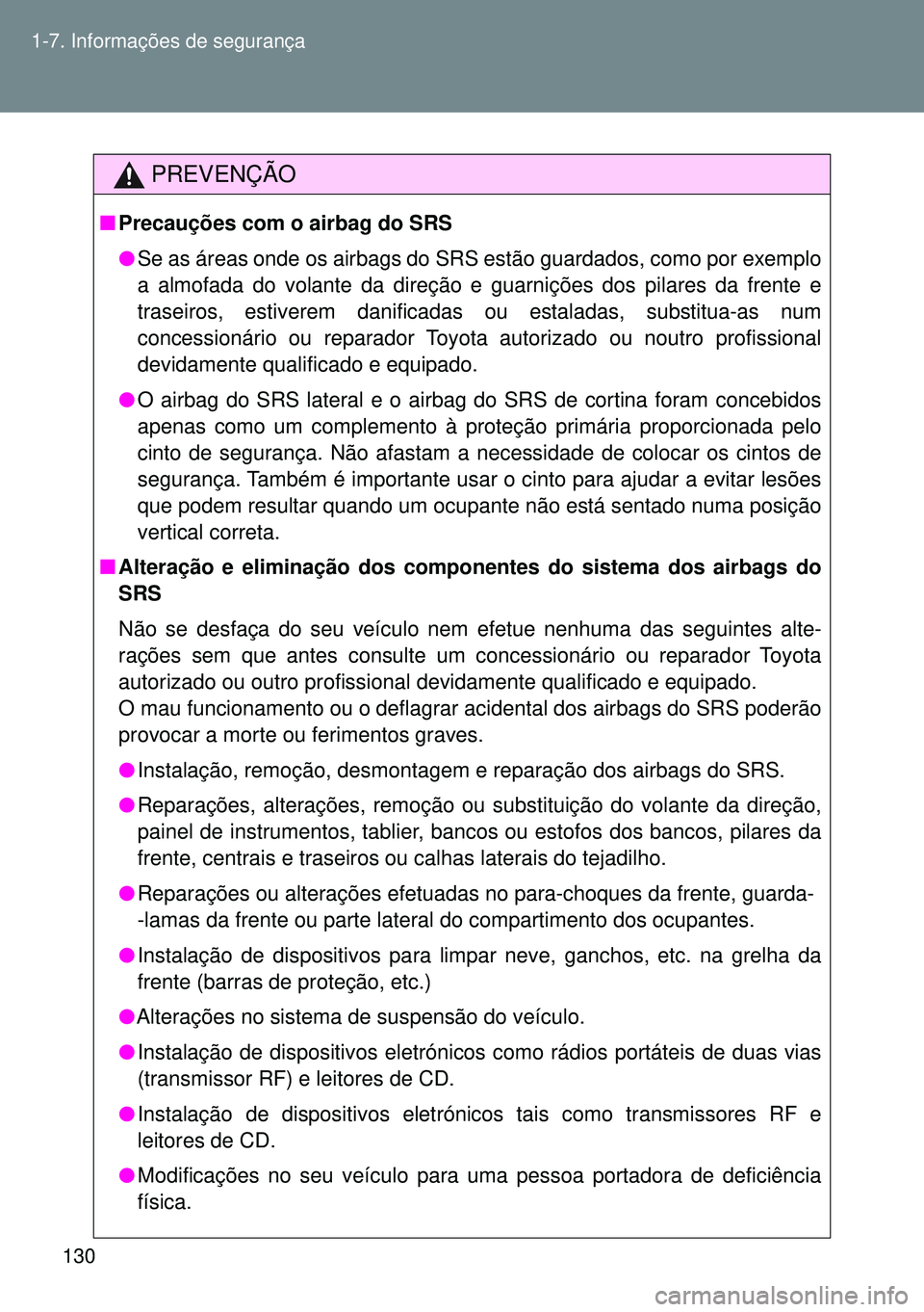 TOYOTA GT86 2016 Manual de utilização (in Portuguese) 130 1-7. Informações de segurança
PREVENÇÃO
nPrecauções com o airbag do SRS
lSe as áreas onde os airbags do SRS estão guardados, como por exemplo
a almofada do volante da direção e guarni TOYOTA GT86 2016 Manual de utilização (in Portuguese) 130 1-7. Informações de segurança
PREVENÇÃO
nPrecauções com o airbag do SRS
lSe as áreas onde os airbags do SRS estão guardados, como por exemplo
a almofada do volante da direção e guarni