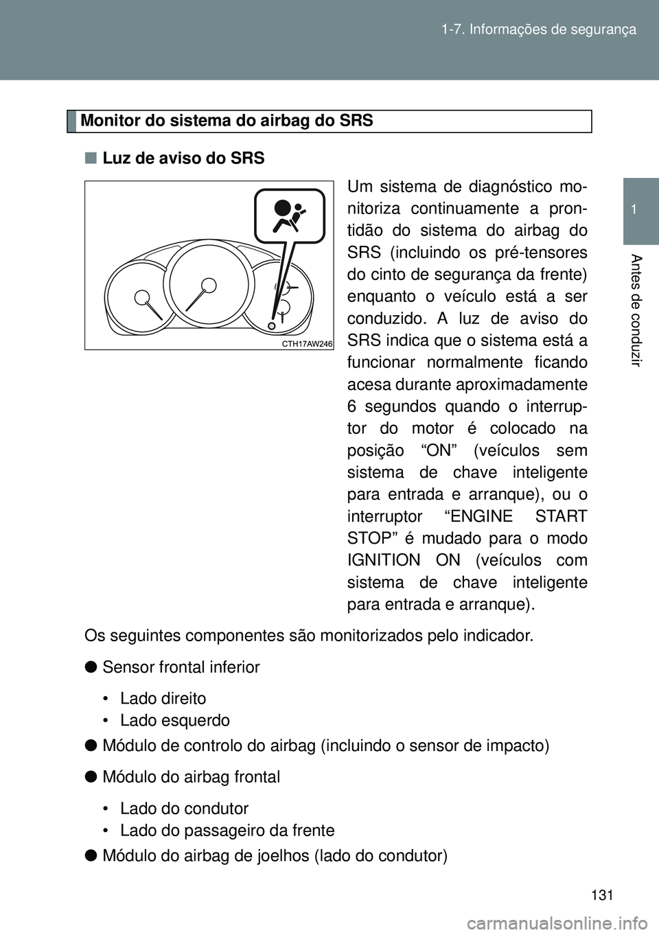 TOYOTA GT86 2016 Manual de utilização (in Portuguese) 131 1-7. Informações de segurança
1
Antes de conduzir
Monitor do sistema do airbag do SRS
nLuz de aviso do SRS
Um sistema de diagnóstico mo-
nitoriza continuamente a pron-
tidão do sistema do air TOYOTA GT86 2016 Manual de utilização (in Portuguese) 131 1-7. Informações de segurança
1
Antes de conduzir
Monitor do sistema do airbag do SRS
nLuz de aviso do SRS
Um sistema de diagnóstico mo-
nitoriza continuamente a pron-
tidão do sistema do air