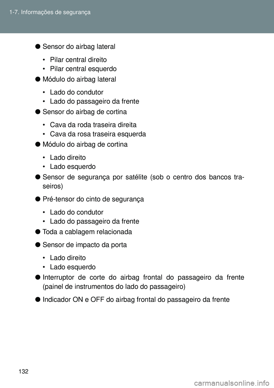 TOYOTA GT86 2016 Manual de utilização (in Portuguese) 132 1-7. Informações de segurança
lSensor do airbag lateral
• Pilar central direito
• Pilar central esquerdo
lMódulo do airbag lateral
• Lado do condutor
• Lado do passageiro da frente
lSe TOYOTA GT86 2016 Manual de utilização (in Portuguese) 132 1-7. Informações de segurança
lSensor do airbag lateral
• Pilar central direito
• Pilar central esquerdo
lMódulo do airbag lateral
• Lado do condutor
• Lado do passageiro da frente
lSe