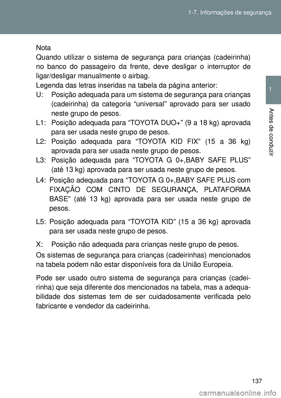 TOYOTA GT86 2016 Manual de utilização (in Portuguese) 137 1-7. Informações de segurança
1
Antes de conduzir
Nota
Quando utilizar o sistema de segurança para crianças (cadeirinha)
no banco do passageiro da frente, deve desligar o interruptor de
ligar TOYOTA GT86 2016 Manual de utilização (in Portuguese) 137 1-7. Informações de segurança
1
Antes de conduzir
Nota
Quando utilizar o sistema de segurança para crianças (cadeirinha)
no banco do passageiro da frente, deve desligar o interruptor de
ligar