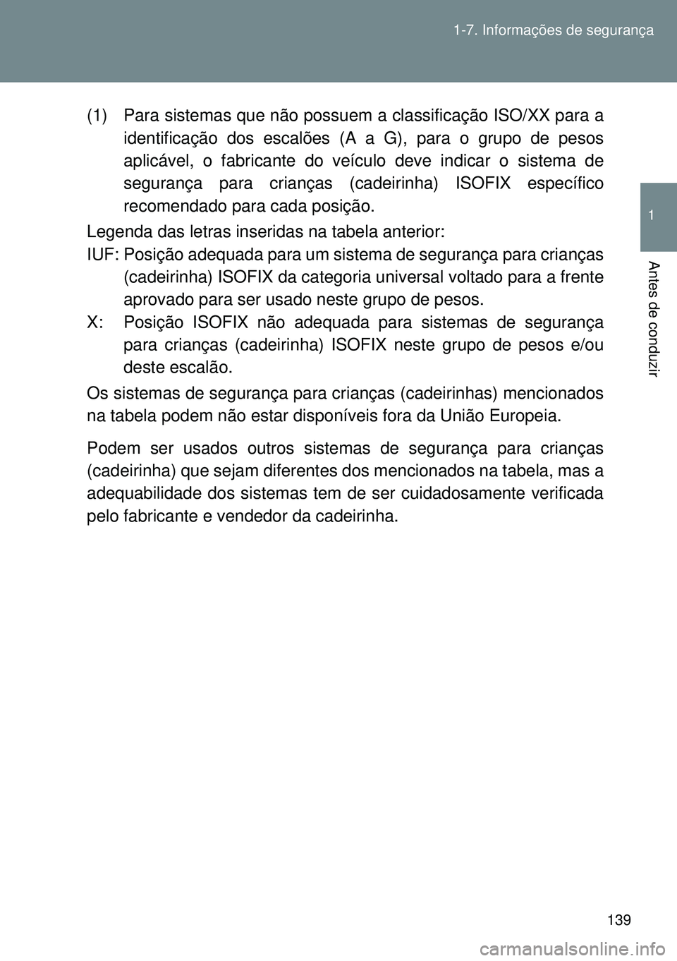 TOYOTA GT86 2016 Manual de utilização (in Portuguese) 139 1-7. Informações de segurança
1
Antes de conduzir
(1) Para sistemas que não possuem a classificação ISO/XX para a
identificação dos escalões (A a G), para o grupo de pesos
aplicável, o f TOYOTA GT86 2016 Manual de utilização (in Portuguese) 139 1-7. Informações de segurança
1
Antes de conduzir
(1) Para sistemas que não possuem a classificação ISO/XX para a
identificação dos escalões (A a G), para o grupo de pesos
aplicável, o f