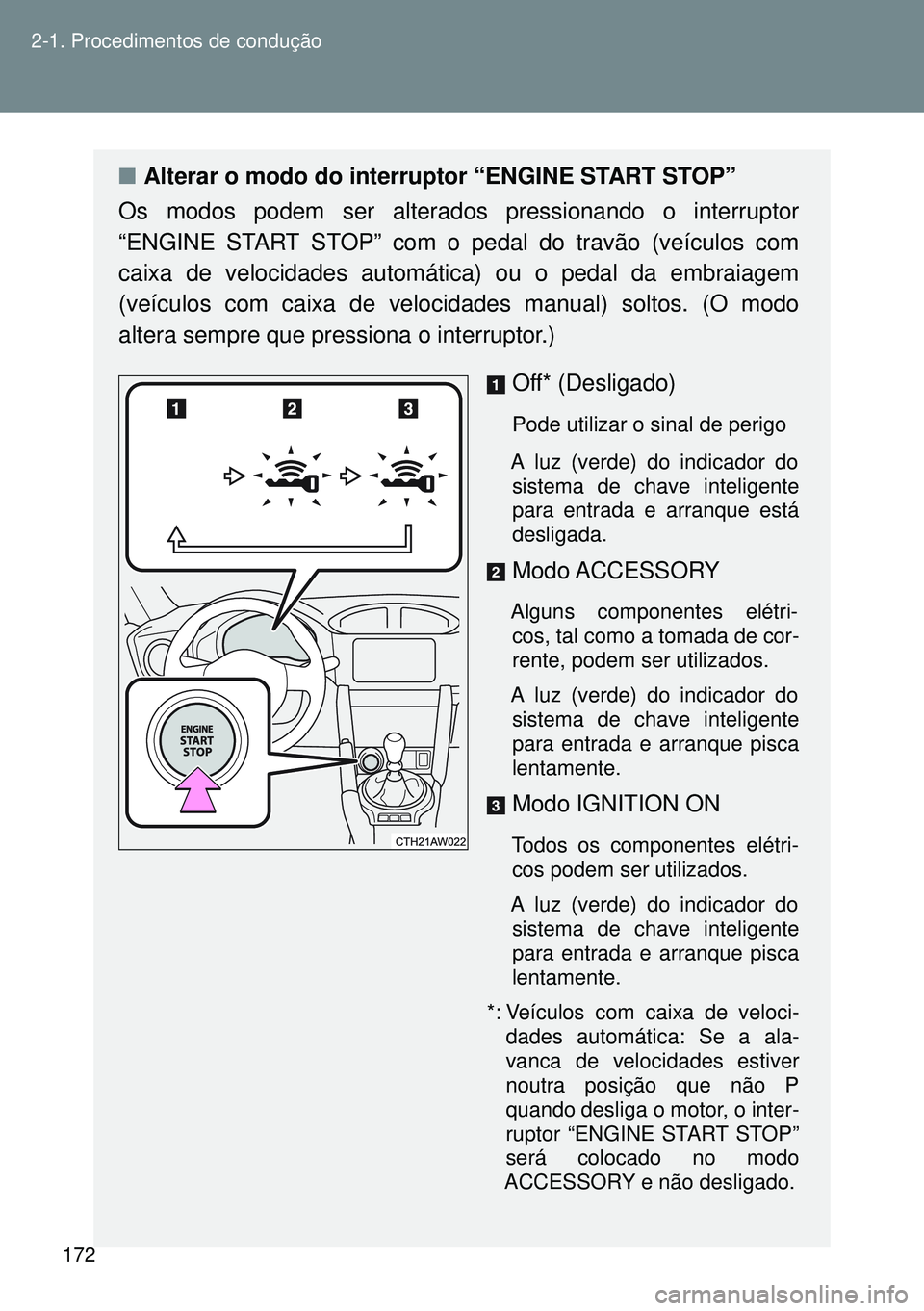 TOYOTA GT86 2016 Manual de utilização (in Portuguese) 172 2-1. Procedimentos de condução
nAlterar o modo do interruptor “ENGINE START STOP”
Os modos podem ser alterados pressionando o interruptor
“ENGINE START STOP” com o pedal do travão (veí TOYOTA GT86 2016 Manual de utilização (in Portuguese) 172 2-1. Procedimentos de condução
nAlterar o modo do interruptor “ENGINE START STOP”
Os modos podem ser alterados pressionando o interruptor
“ENGINE START STOP” com o pedal do travão (veí