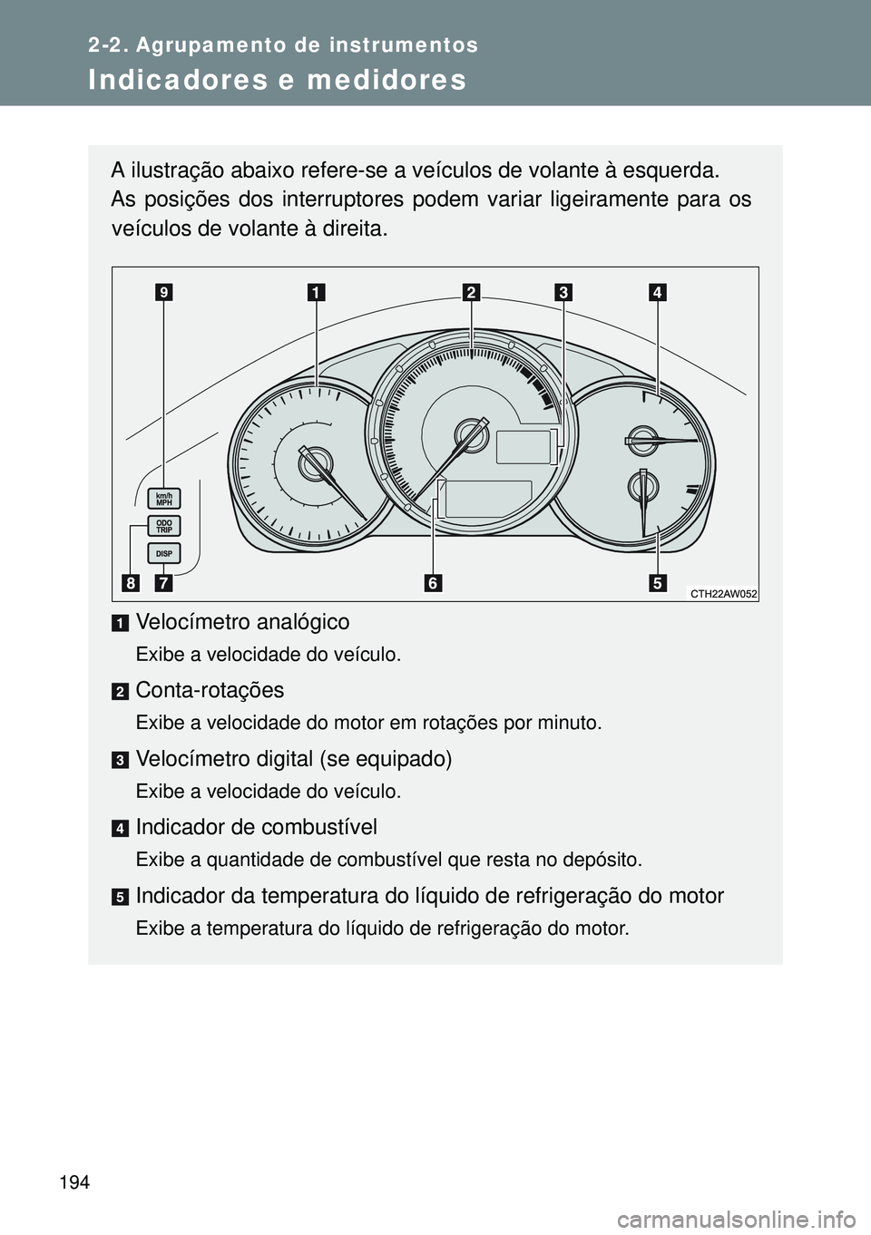 TOYOTA GT86 2016  Manual de utilização (in Portuguese) 194
2-2. Agrupamento de instrumentos
Indicadores e medidores 
A ilustração abaixo refere-se a veículos de volante à esquerda.
As posições dos interruptores podem variar ligeiramente para os
veí