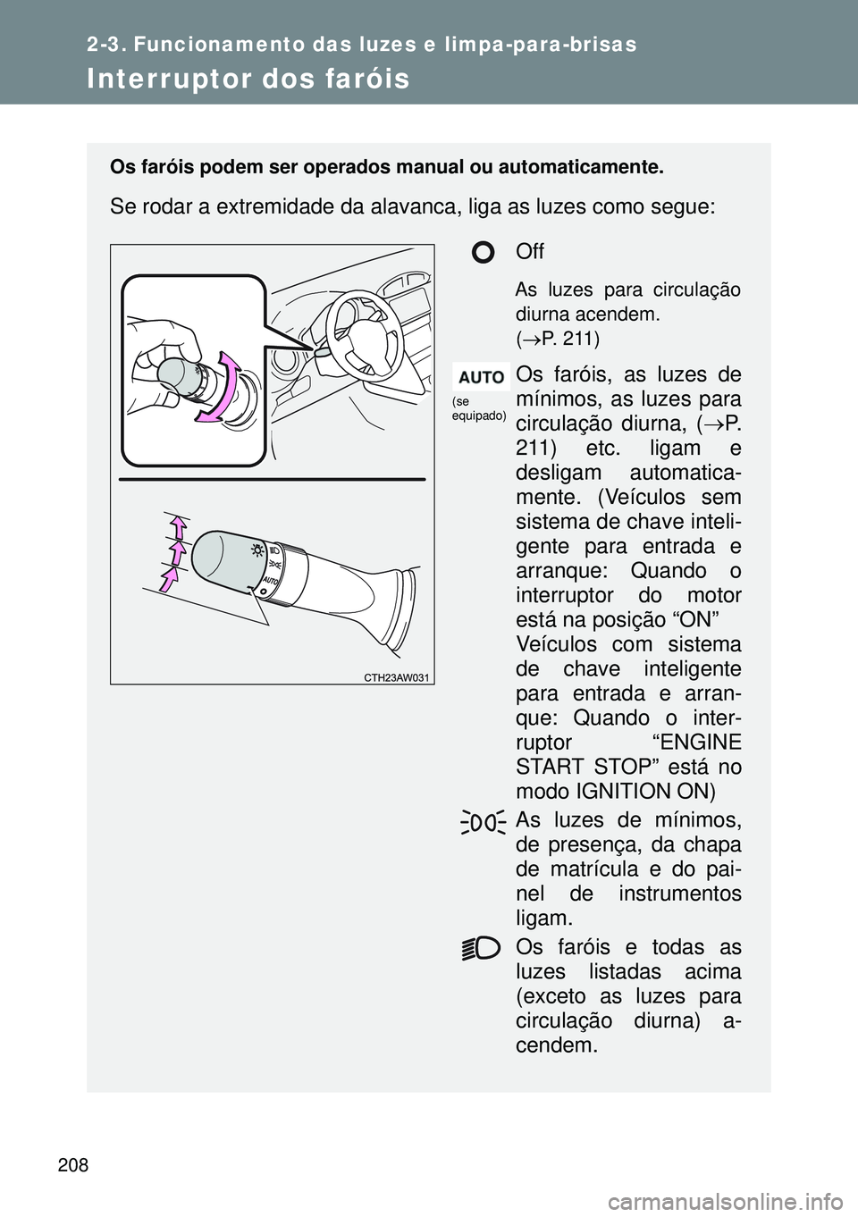 TOYOTA GT86 2016 Manual de utilização (in Portuguese) 208
2-3. Funcionamento das luzes e limpa-para-brisas
Interruptor dos faróis
Os faróis podem ser operados manual ou automaticamente.
Se rodar a extremidade da alavanca, liga as luzes como segue:
Off
TOYOTA GT86 2016 Manual de utilização (in Portuguese) 208
2-3. Funcionamento das luzes e limpa-para-brisas
Interruptor dos faróis
Os faróis podem ser operados manual ou automaticamente.
Se rodar a extremidade da alavanca, liga as luzes como segue:
Off