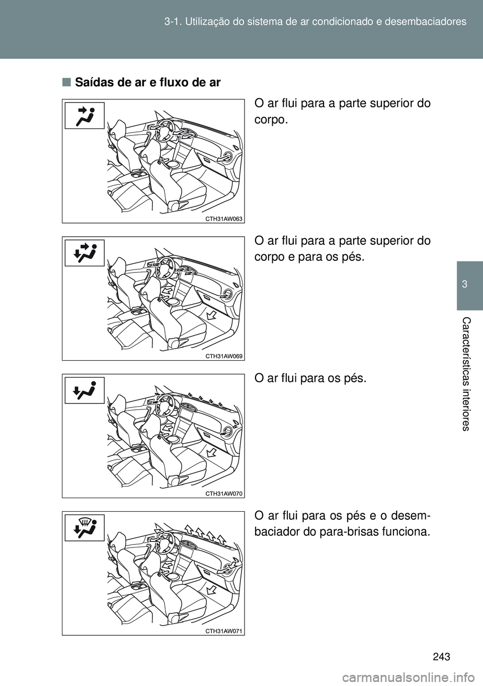 TOYOTA GT86 2016 Manual de utilização (in Portuguese) 243 3-1. Utilização do sistema de ar condicionado e desembaciadores
3
Características interiores
nSaídas de ar e fluxo de ar
O ar flui para a parte superior do
corpo.
O ar flui para a parte superi TOYOTA GT86 2016 Manual de utilização (in Portuguese) 243 3-1. Utilização do sistema de ar condicionado e desembaciadores
3
Características interiores
nSaídas de ar e fluxo de ar
O ar flui para a parte superior do
corpo.
O ar flui para a parte superi