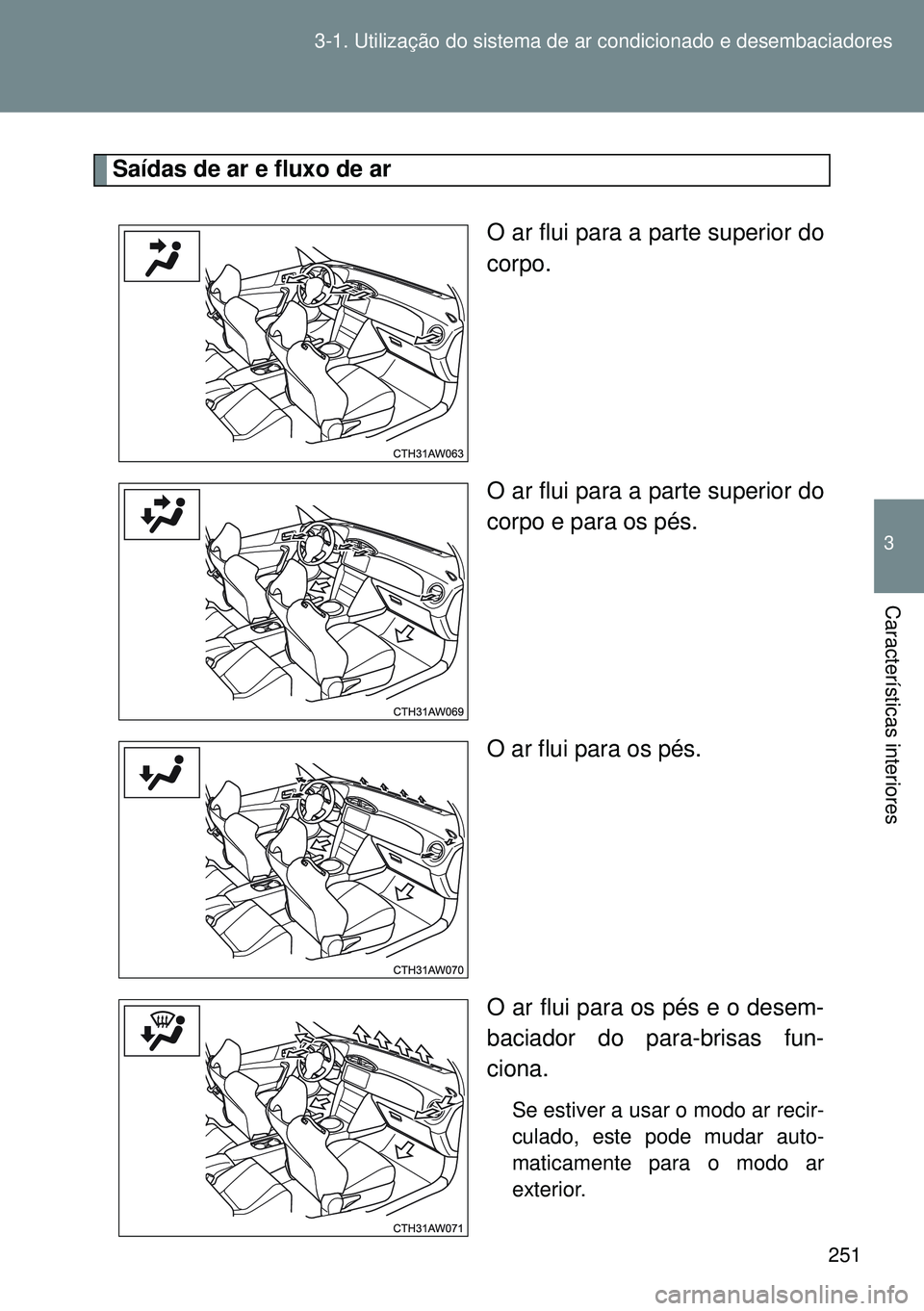 TOYOTA GT86 2016 Manual de utilização (in Portuguese) 251 3-1. Utilização do sistema de ar condicionado e desembaciadores
3
Características interiores
Saídas de ar e fluxo de ar
O ar flui para a parte superior do
corpo.
O ar flui para a parte superio TOYOTA GT86 2016 Manual de utilização (in Portuguese) 251 3-1. Utilização do sistema de ar condicionado e desembaciadores
3
Características interiores
Saídas de ar e fluxo de ar
O ar flui para a parte superior do
corpo.
O ar flui para a parte superio