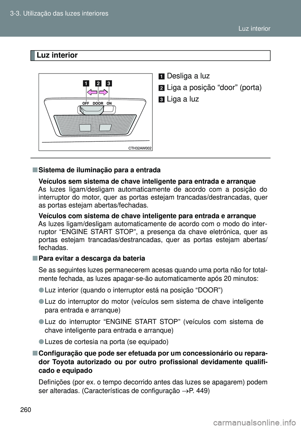 TOYOTA GT86 2016 Manual de utilização (in Portuguese) 260 3-3. Utilização das luzes interiores
Luz interior
Desliga a luz
Liga a posição “door” (porta)
Liga a luz
nSistema de iluminação para a entrada
Veículos sem sistema de chave inteligente TOYOTA GT86 2016 Manual de utilização (in Portuguese) 260 3-3. Utilização das luzes interiores
Luz interior
Desliga a luz
Liga a posição “door” (porta)
Liga a luz
nSistema de iluminação para a entrada
Veículos sem sistema de chave inteligente
