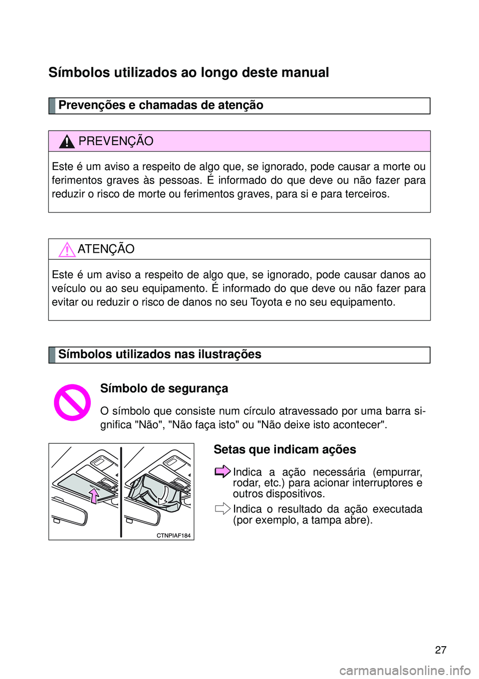 TOYOTA GT86 2016 Manual de utilização (in Portuguese) 27
Símbolos utilizados ao longo deste manual
Prevenções e chamadas de atenção
Símbolos utilizados nas ilustrações
PREVENÇÃO
Este é um aviso a respeito de algo que, se ignorado, pode causar TOYOTA GT86 2016 Manual de utilização (in Portuguese) 27
Símbolos utilizados ao longo deste manual
Prevenções e chamadas de atenção
Símbolos utilizados nas ilustrações
PREVENÇÃO
Este é um aviso a respeito de algo que, se ignorado, pode causar