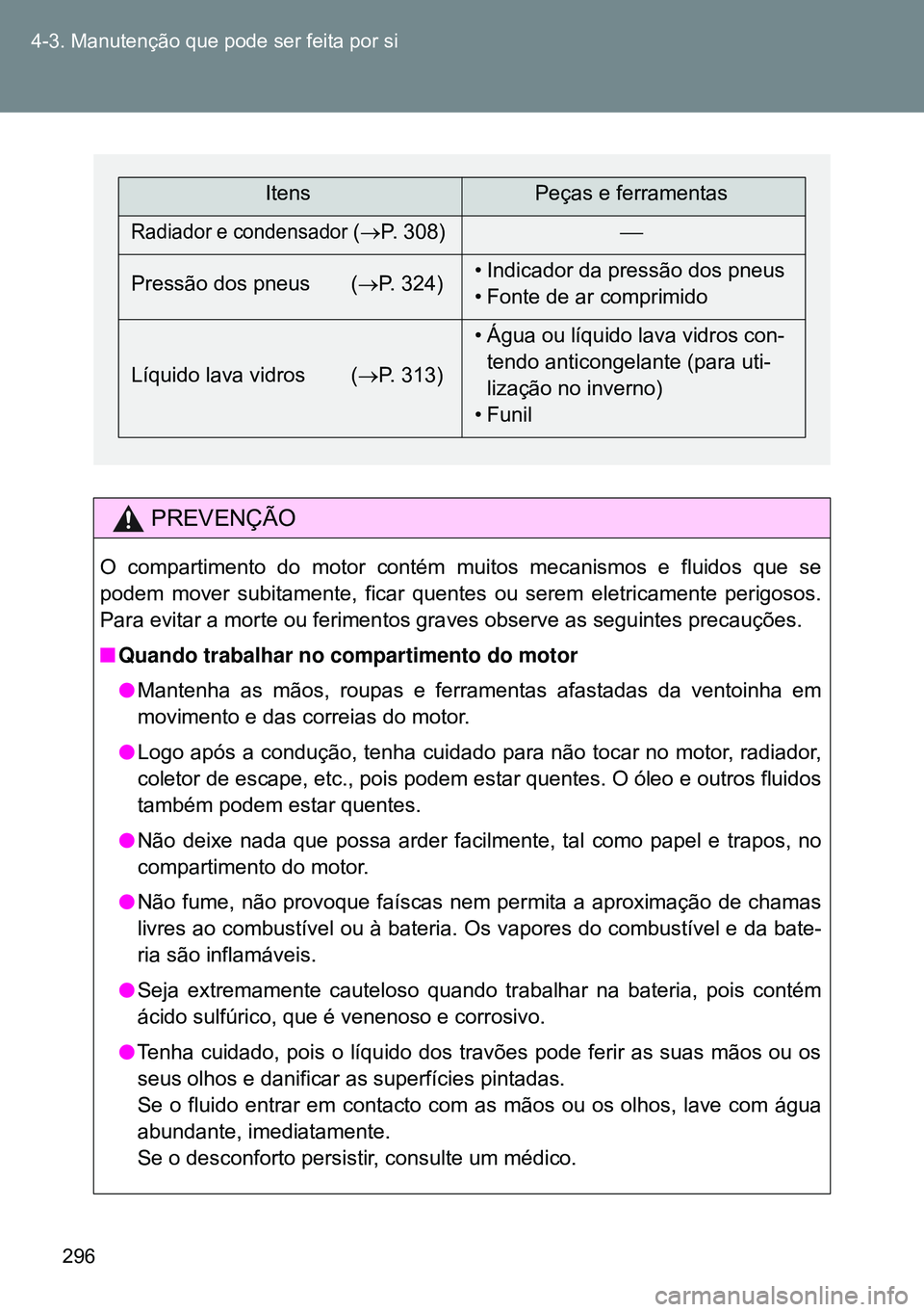 TOYOTA GT86 2016 Manual de utilização (in Portuguese) 296 4-3. Manutenção que pode ser feita por si
PREVENÇÃO
O compartimento do motor contém muitos mecanismos e fluidos que se
podem mover subitamente, ficar quentes ou serem eletricamente perigosos. TOYOTA GT86 2016 Manual de utilização (in Portuguese) 296 4-3. Manutenção que pode ser feita por si
PREVENÇÃO
O compartimento do motor contém muitos mecanismos e fluidos que se
podem mover subitamente, ficar quentes ou serem eletricamente perigosos.