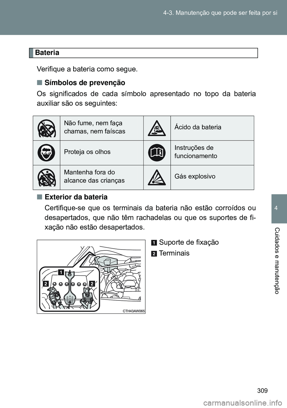TOYOTA GT86 2016 Manual de utilização (in Portuguese) 309 4-3. Manutenção que pode ser feita por si
4
Cuidados e manutenção
Bateria
Verifique a bateria como segue.
nSímbolos de prevenção
Os significados de cada símbolo apresentado no topo da bate TOYOTA GT86 2016 Manual de utilização (in Portuguese) 309 4-3. Manutenção que pode ser feita por si
4
Cuidados e manutenção
Bateria
Verifique a bateria como segue.
nSímbolos de prevenção
Os significados de cada símbolo apresentado no topo da bate