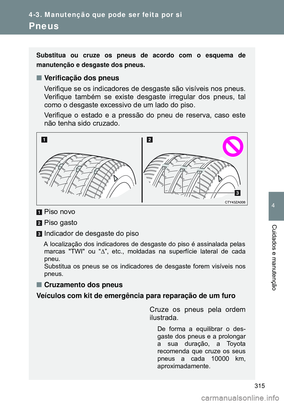 TOYOTA GT86 2016 Manual de utilização (in Portuguese) 315
4-3. Manutenção que pode ser feita por si
4
Cuidados e manutenção
Pneus
Substitua ou cruze os pneus de acordo com o esquema de
manutenção e desgaste dos pneus.
nVerificação dos pneus
Verif TOYOTA GT86 2016 Manual de utilização (in Portuguese) 315
4-3. Manutenção que pode ser feita por si
4
Cuidados e manutenção
Pneus
Substitua ou cruze os pneus de acordo com o esquema de
manutenção e desgaste dos pneus.
nVerificação dos pneus
Verif